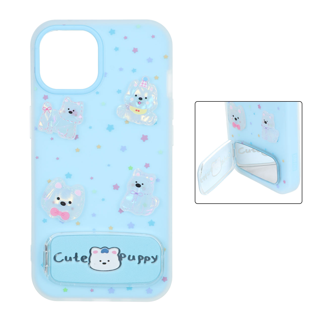 قاب Cute Puppy دولایه عروسک برجسته استندشو آینه ای Apple iPhone 13 / iPhone 14 - آبی